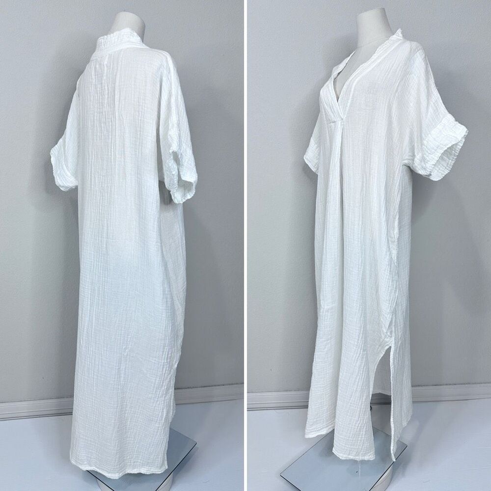 Honest Cotton White Double Gauze Maxi Caftan Dress One Size Resort Vacation - Picture 5 of 13